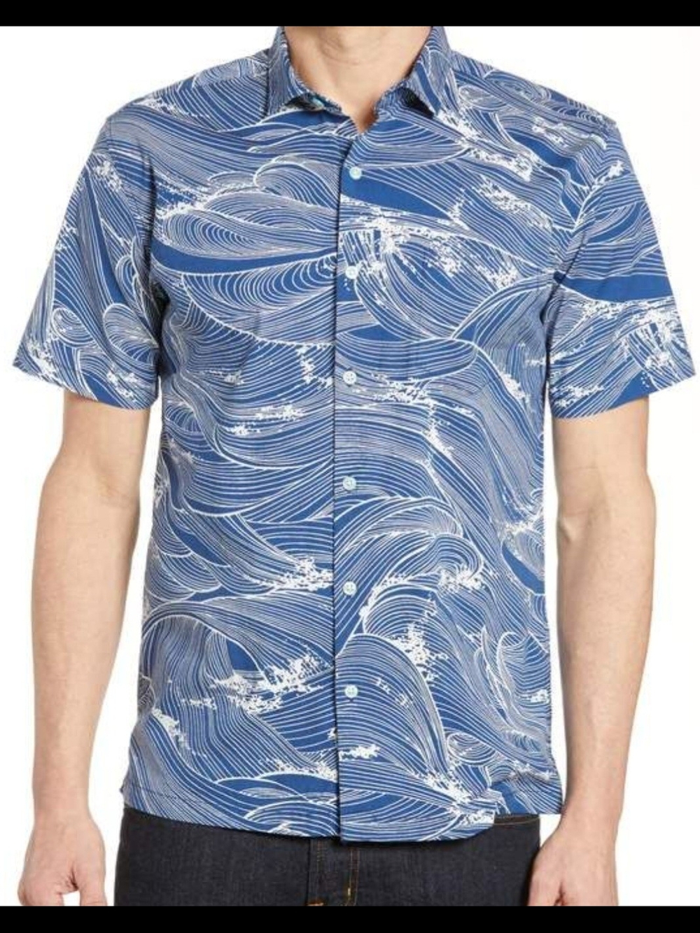 Tori Richard Blue and White Wave-Pattern Short Sleeve Shirt